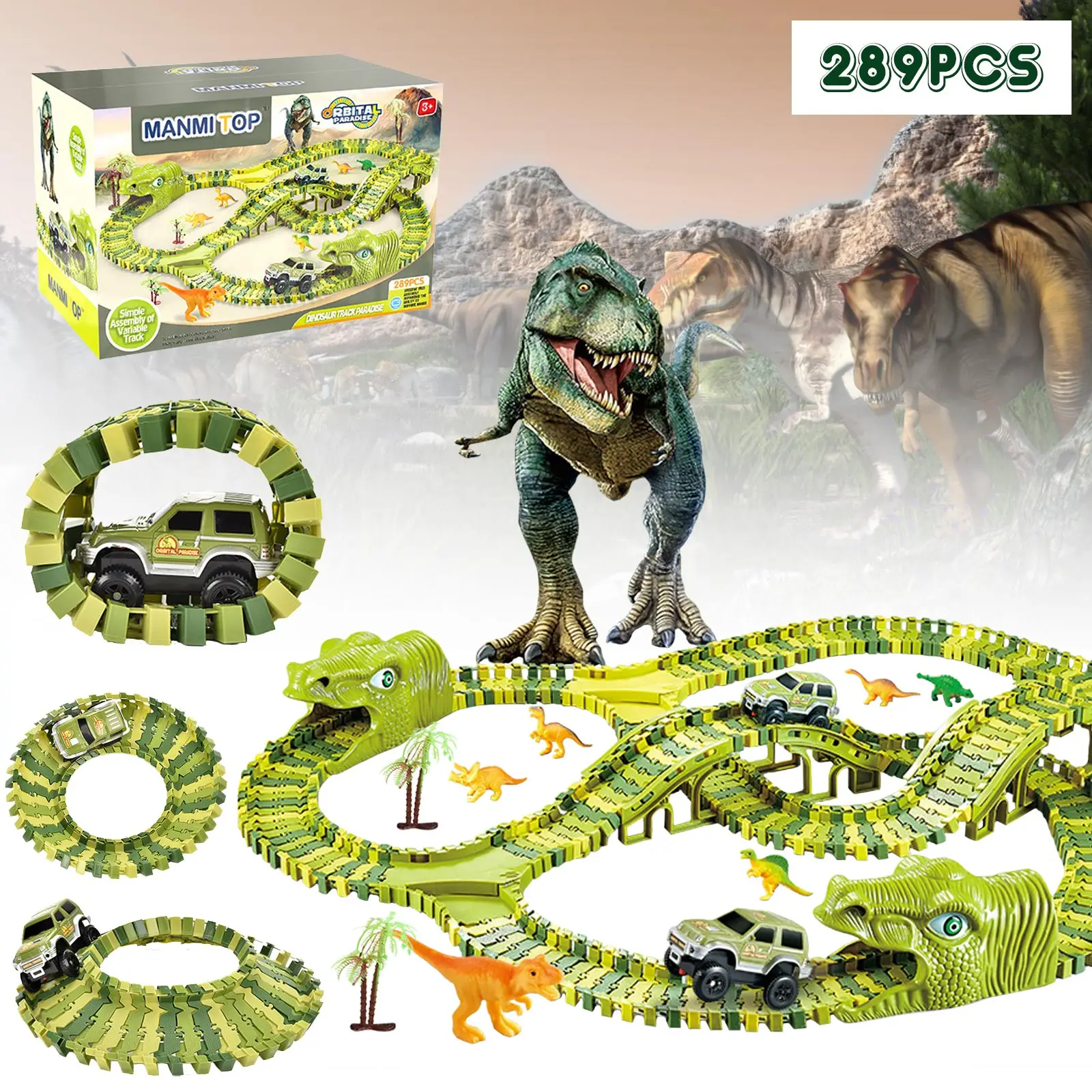 New DIY Assemble Jurassic Dinosaur Race Track Set Magical Racing Track Railway Electric Race Car Dinosaur Model Toy For Kids