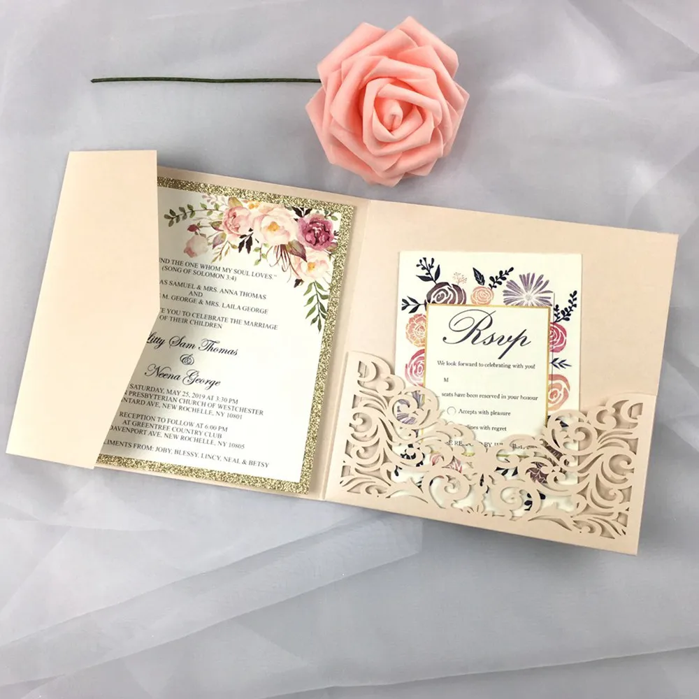 free shipping 2pcs light pink tri fold wedding invitation cards with envelope ,insert, RSVP 3 fold laser cut pocket fold cards