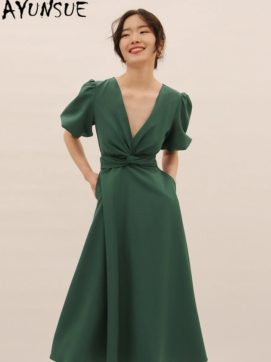 

AYUNSUE High Quality Summer Dress Woman Korean Elegant Dresses for Women Party Midi Green Dress V neck 2021 Vestido De Mujer