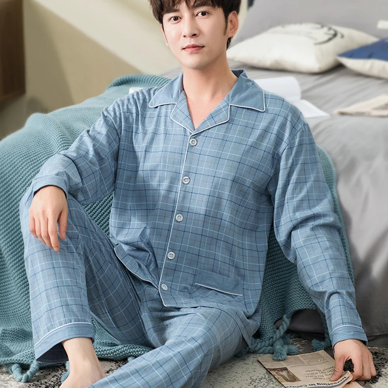 100% Cotton Men\'s pajama Set Winter Pijama Hombre 2 Pieces Blue Plaid Sleepwear Sleep&Lounge Pyjama Autumn Lattice Male Pajamas