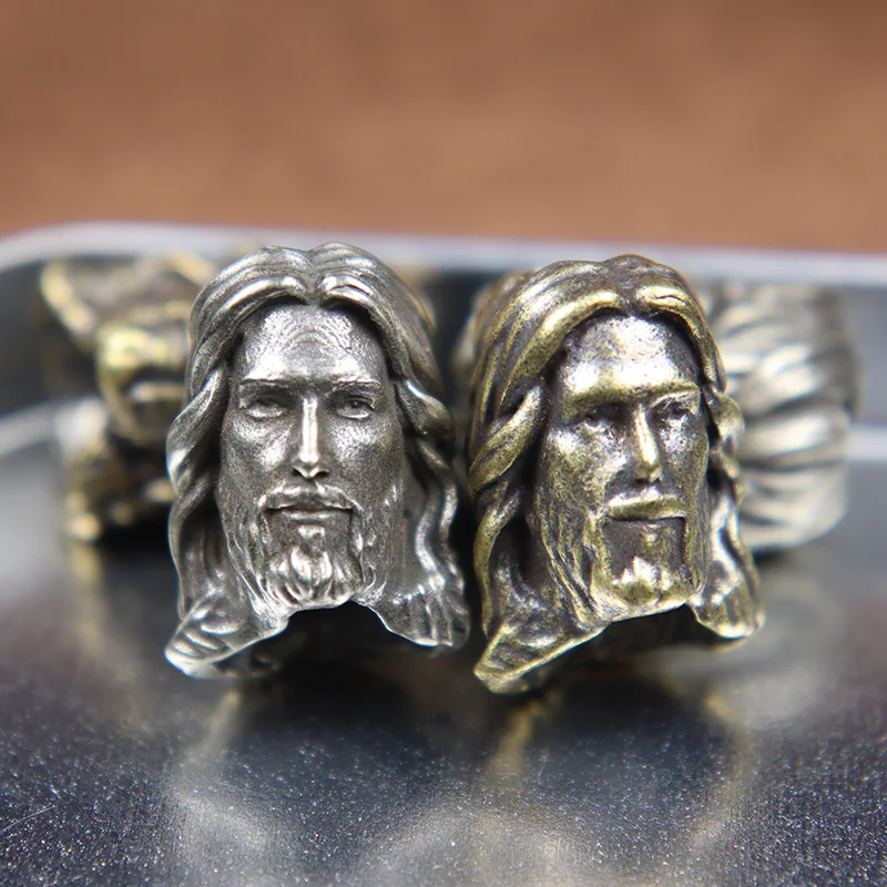 Christianity Jesus Savior Head Sculpture Brass Paracord Beads DIY EDC Keychain Outdoor Folding Knife Lanyard Hanging Accessories