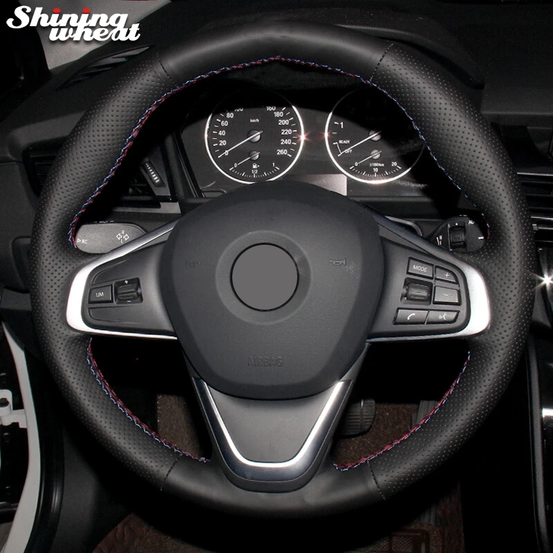 

Shining wheat Black Genuine Leather Car Steering Wheel Cover for BMW F45 F46 X1 F48 X2 F39