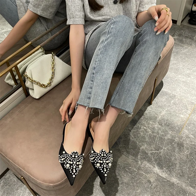 Pointed Toe Women Slippers Slides Lace Pearl Crystal Flats Heeled Black White Shallow Slip On Mules Shoes Slides Party Sandals