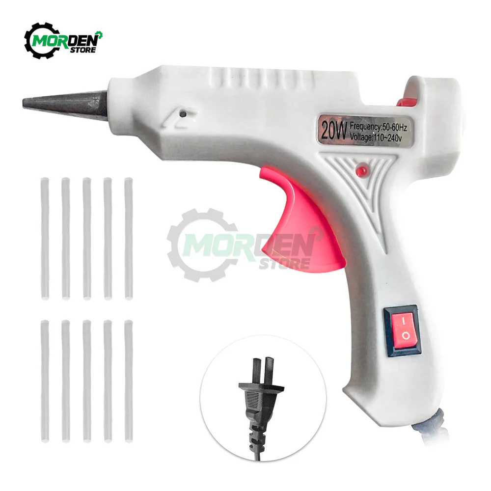 Pistola de cola quente 20w com 7mm 10 peças, mini pistolas industriais, temperatura de calor, termo elétrica, ferramenta de reparo diy
