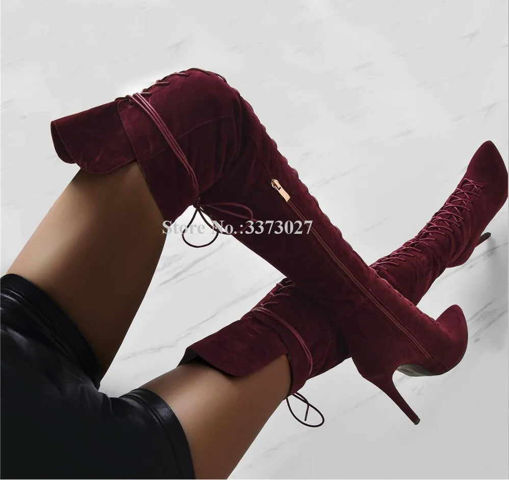 Suede Cross-tied Woman Long Boots Fashion New Pointed Toe Thin High Over the Knee Gladiator Boots Ladies Sexy Large Size Shoes