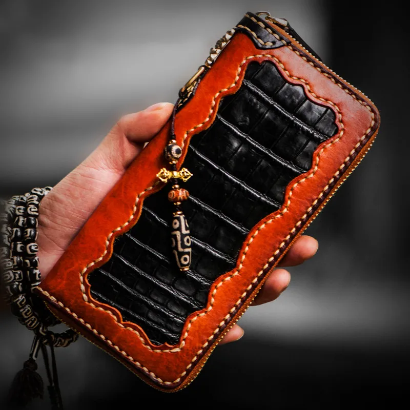 

Women Men Handmade Genuine Leather Wallets Crocodile Skin Purses Man Long Clutch Vegetable Tanned Leather Wallet