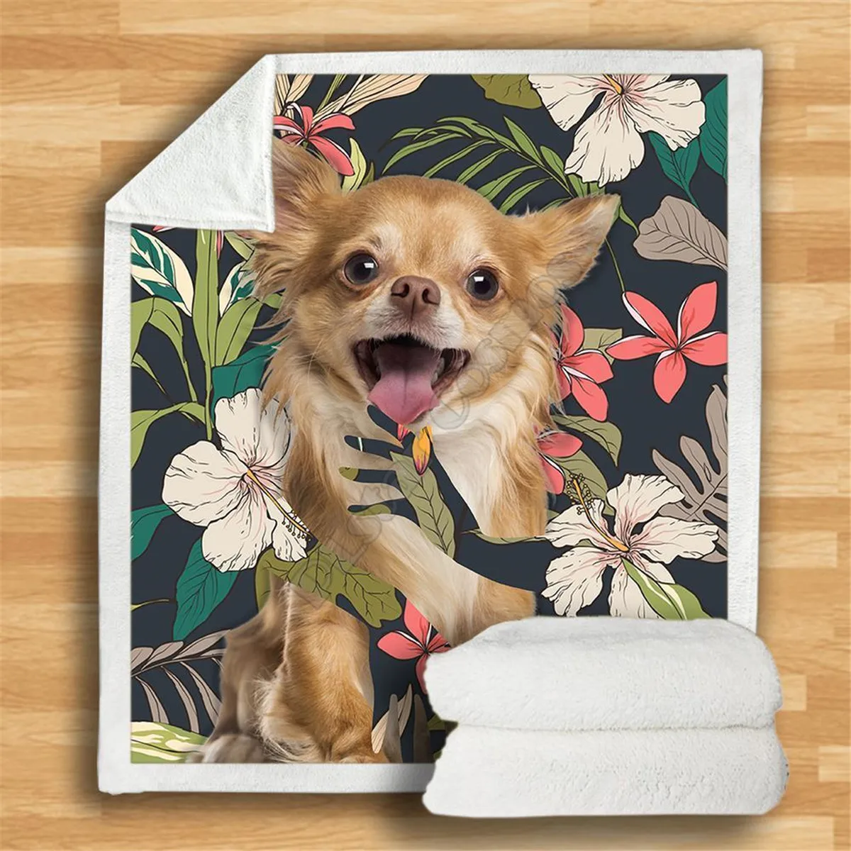 

Chihuahua Flower Plant Cozy Premiun Fleece Blanket 3D print Sherpa Blanket on Bed Home Textiles 02