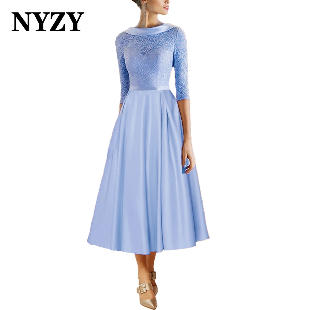 NYZY M345 Elegant Satin Bowl Neckline Tea-Length Champagne Evening Dresses 2025 Birthday Wedding Party Gowns