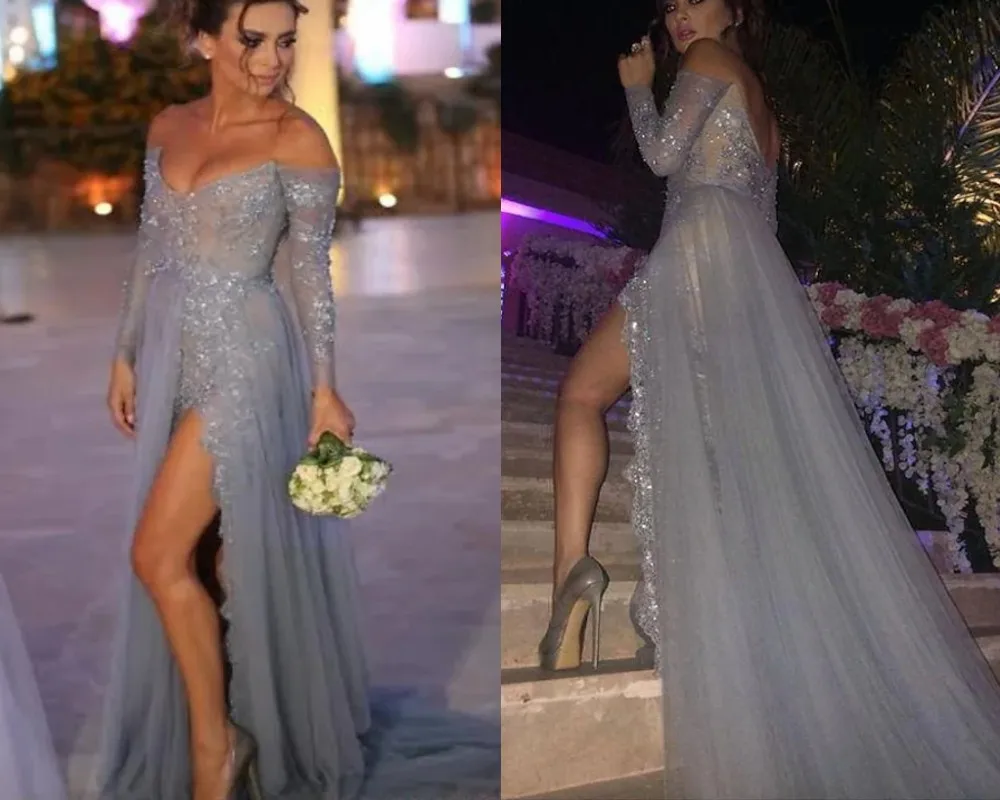 A-Line Sexy Silver Evening Dress Off Shoulder Long Sleeve Lace Appliques Split Prom Party Gown Vestidos Fiesta Robe De Soiree