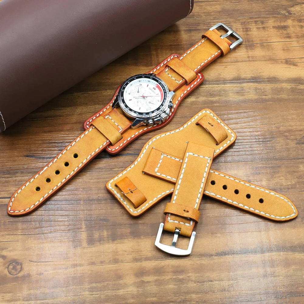 Vintage Handmade Watch Strap 20mm 22mm 24mm Cuff Genuine Leather Watchbands with Mat Cowhide Band for Fossil Watch