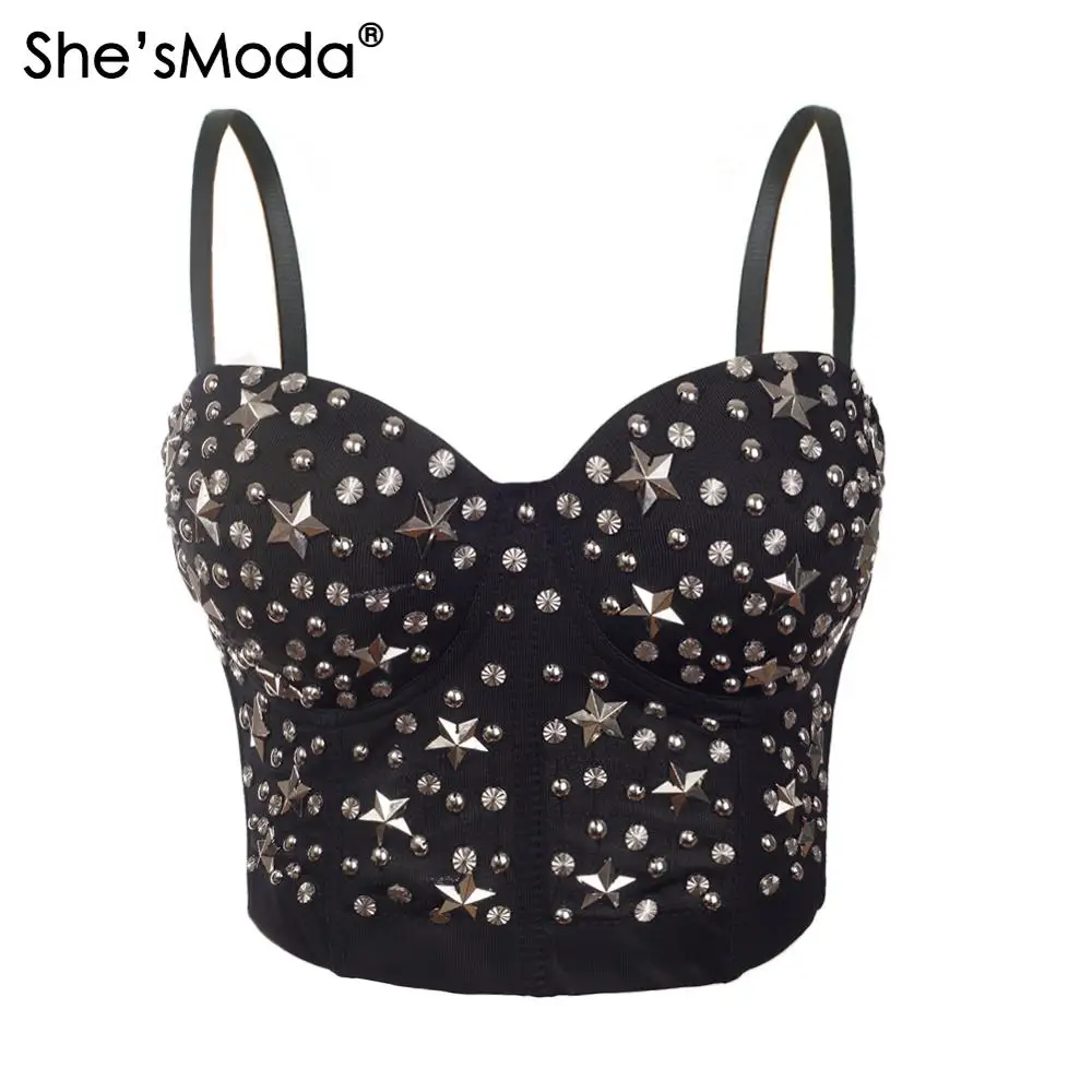 

She'sModa Star Rivets Bustier Push Up Night Club Bralette Women's Floral Bra Cropped Top Vest Corset Plus Size