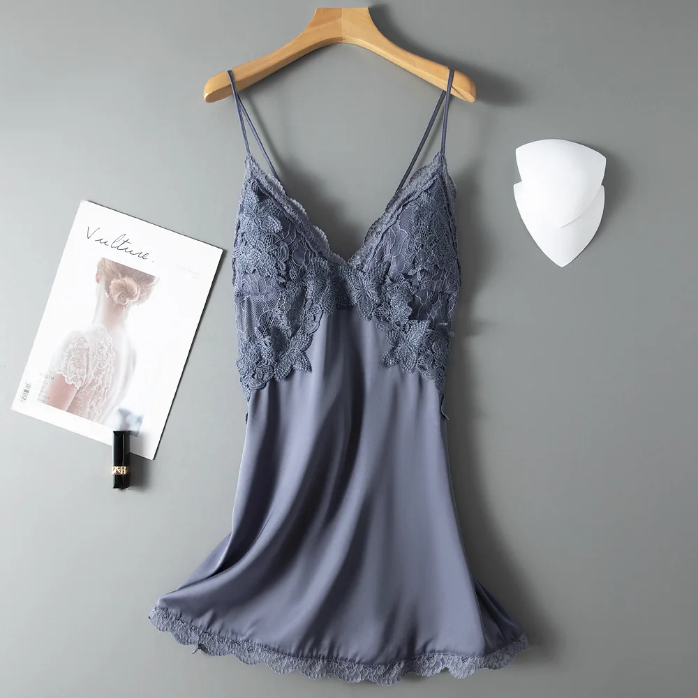 Spaghetti Strap Nightgown Women Sexy Nightwear Satin Sleep Dress Lace Patchwork Intimate Lingerie Sleepwear Hollow Nightdress