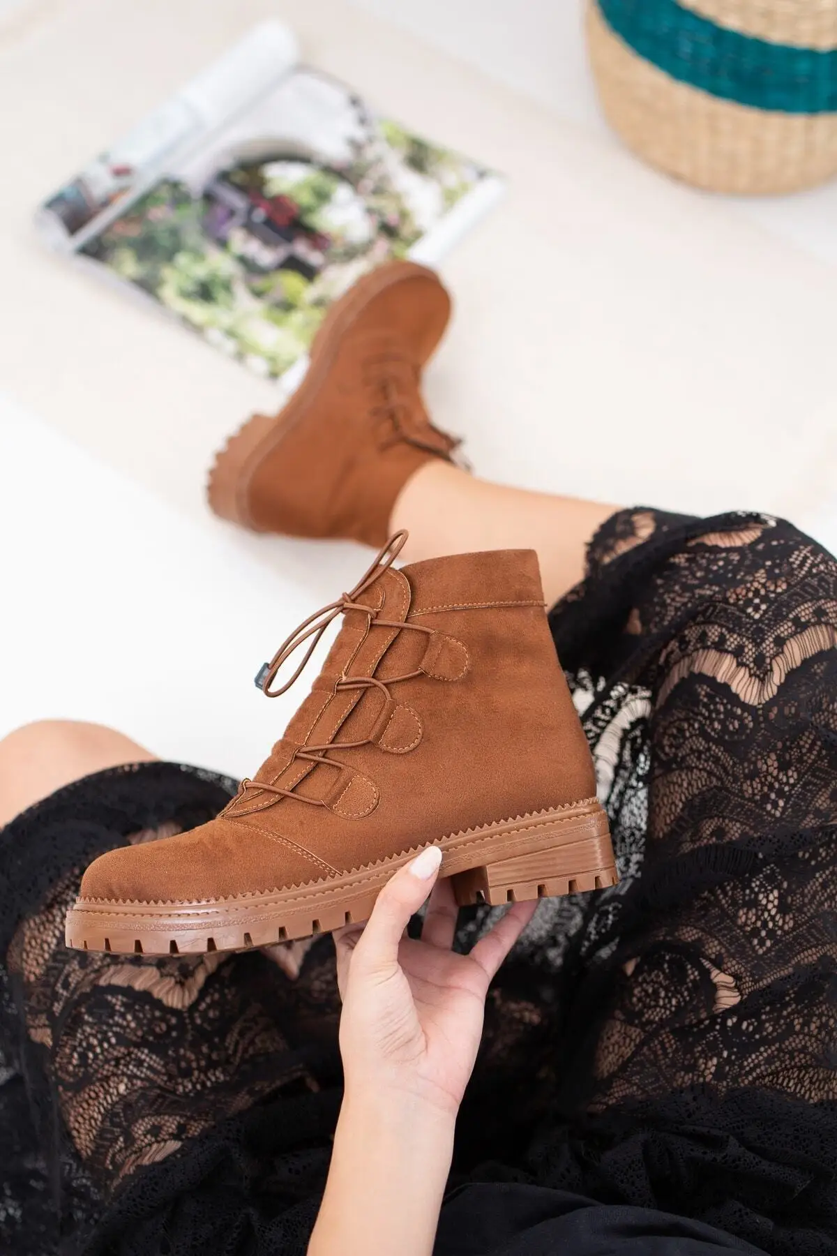 2021 round Head Side Rubber Short Tube Heel Boots Shoes Tan Suede Tyre Connected Women Boots