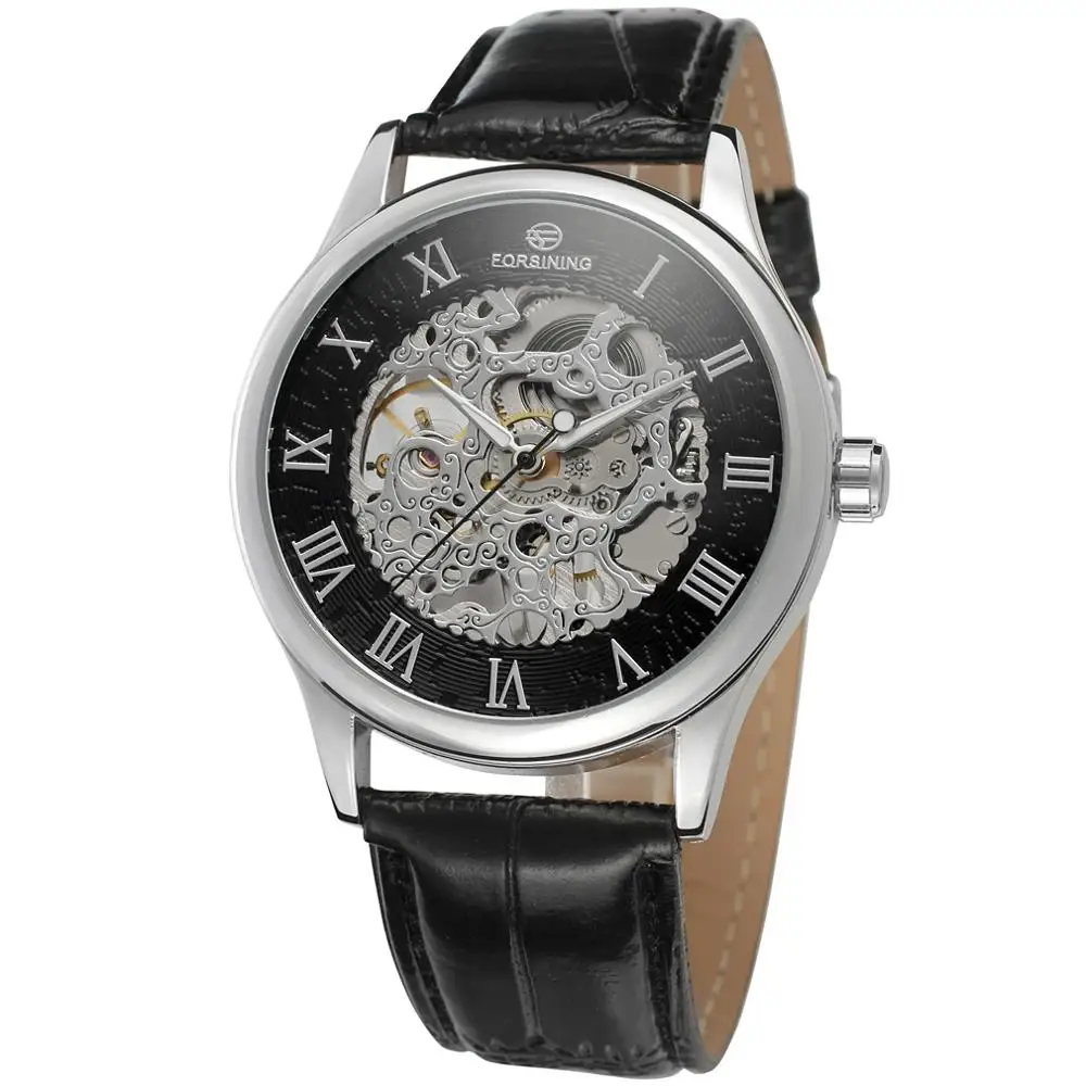 FORSINING Fashion casual men's and women's leather watches silver alloy case watches automatic mechanical wrist watches