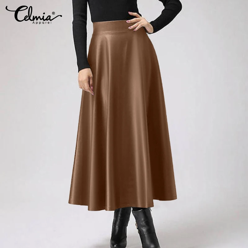 Leather Skirt Ladies Elegant Office Lady Skirt 2023 Celmia PU Solid Color Midi Skirts   Party Skirt High Waist skirt