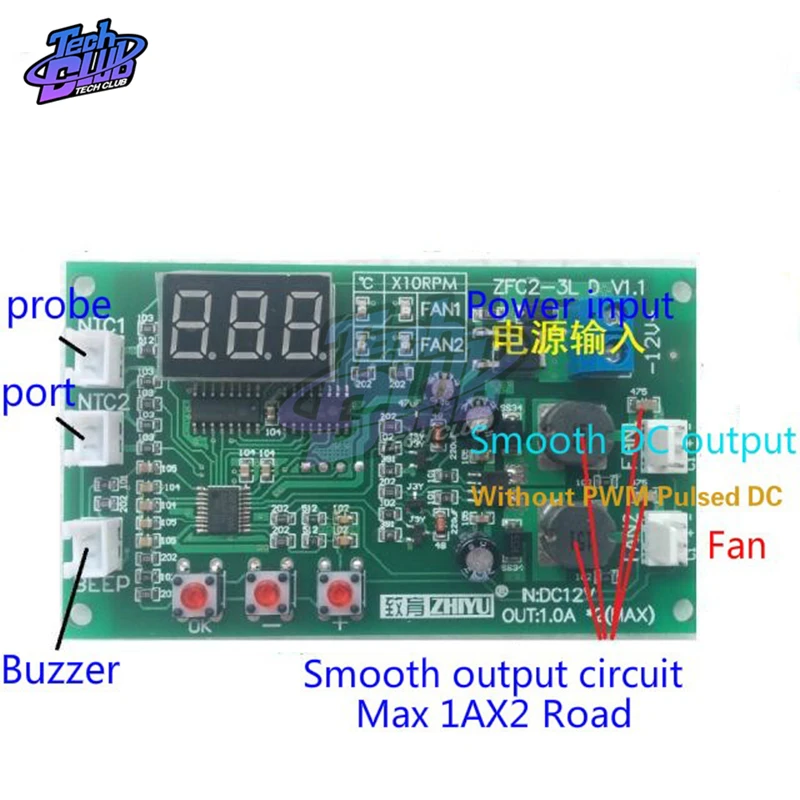 Controlador de velocidad del ventilador del Motor, controlador inteligente de temperatura del termostato con soporte de zumbador, EC EBM, 2 canales, 2a, 3 cables PWM