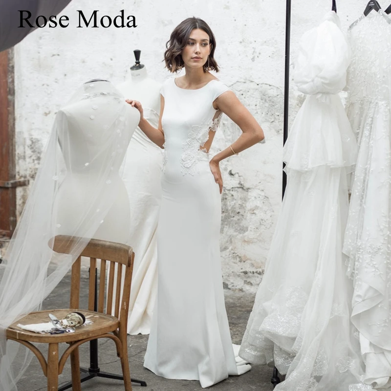 

Rose Moda Cap Sleeves Backless Sheath Wedding Dress with 3D Laces Destination Bridal Gown