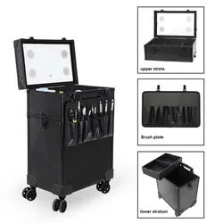 Professional Heel Makeup Artist Metal Trolley Suitcase Double-Deck High-Capacity With Lamp Beauty Manicure Embroidery Tool Case