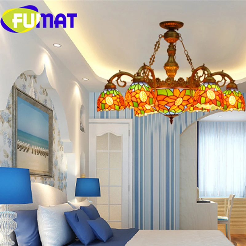 FUMAT Chandelier Light LED Tiffany Stained Glass Sunflower Living Room Lighting 6 Arms 8 Lights Pendant Lamp