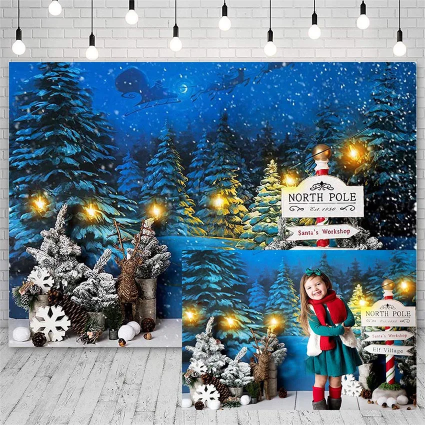 

Avezano Backdrops Christmas Winter Night Light Snow Elk Santa Claus Road Sign Pine Photography Background Photo Studio Photozone