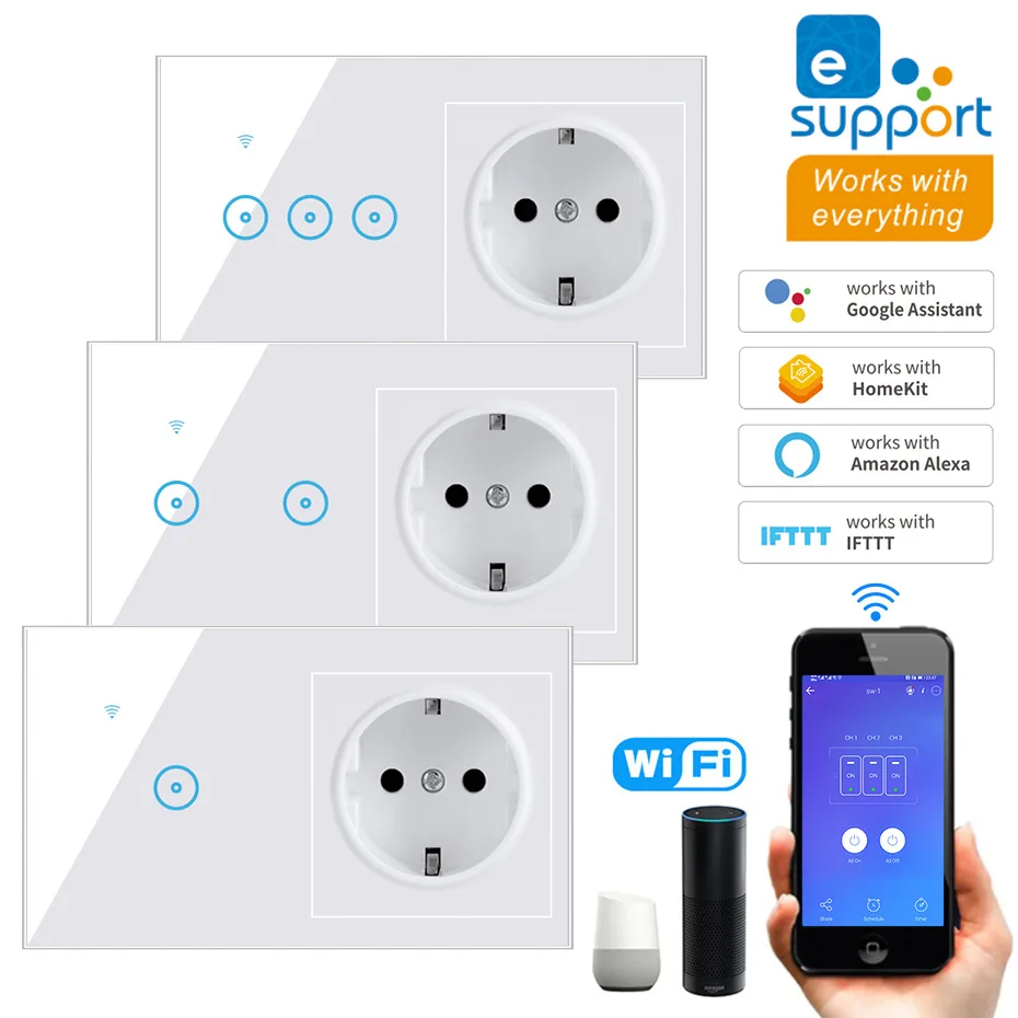 

1/2/3 Gang EU Standard WiFi Touch Switch Glass Panel Smart Light Switch With Socket AC 90V-240V Voice APP Remote Control Timing