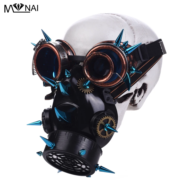 

Punk Men Women Blue Long Rivets Goggles Mask Cosplay Gothic Rock Spikes Glasses With Respirator Masks Costumes Accessories
