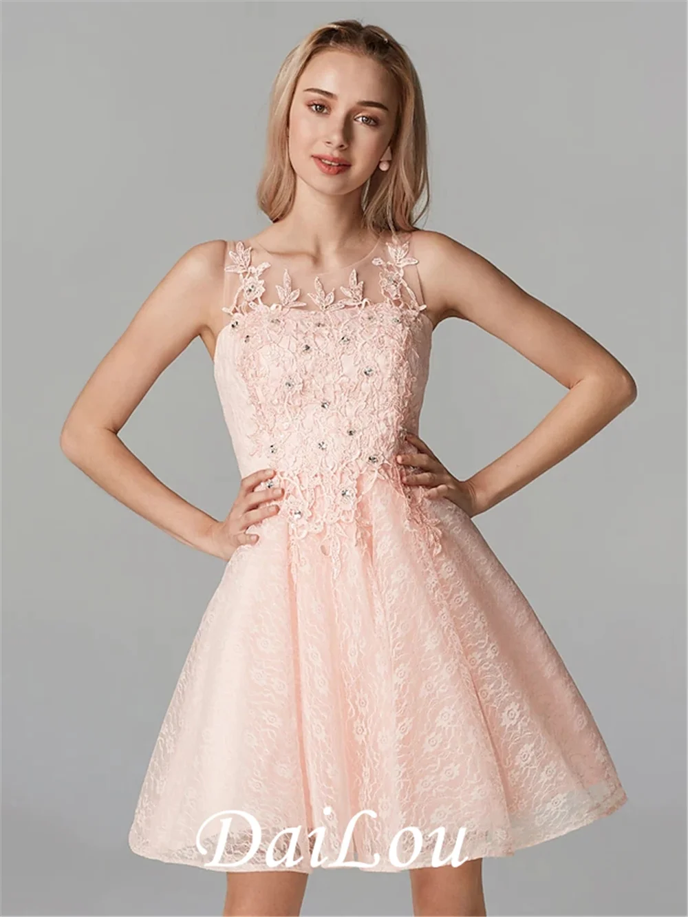 

Homecoming Cocktail Party Valentine's Day Dress Illusion Neck Sleeveless Short / Mini Tulle Floral Lace with Sequin Appliques