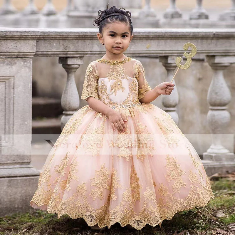 2022 Pink Gold Lace Flower Girl Dress Short Sleeves Princess's Girls Dresses for Party Pageant Kids Gowns Informal Wear