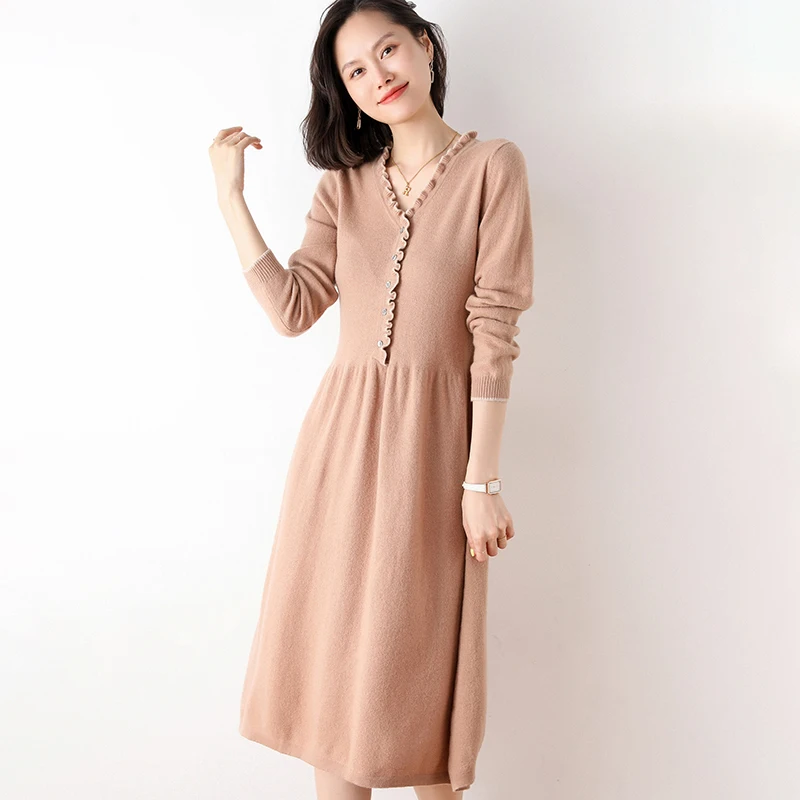 Autumn And Winter New Women\'s Wooden Ears 100% Pure Wool Dress V-Neck Fashion Lazy Self-Cultivation Knit Bottoming Long Sweater