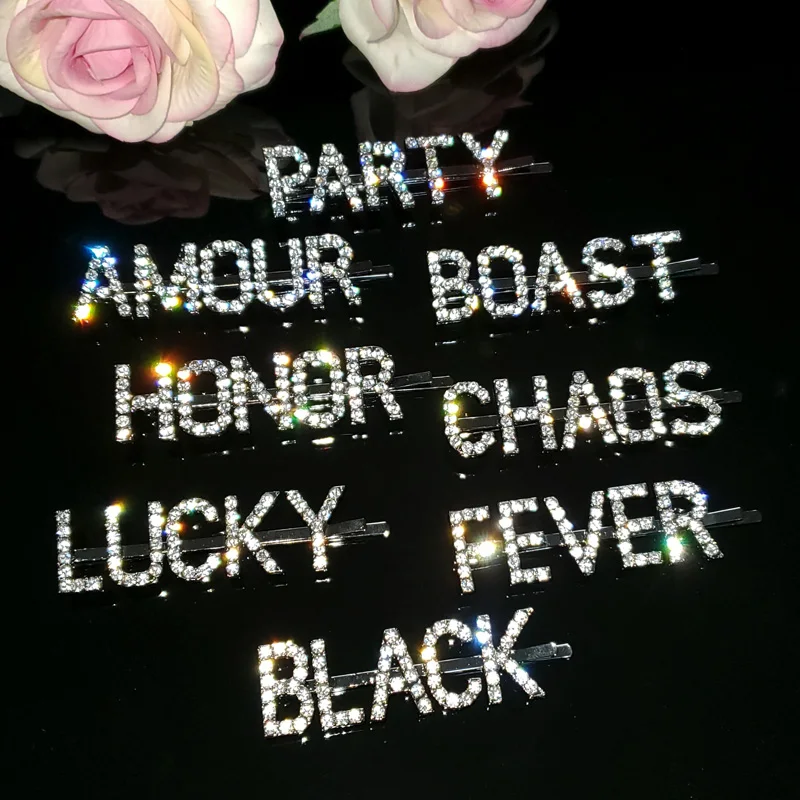 Заколки для волос с надписями «вечеринка, любовь, похвала, хаос, удача, лихорадка, черные» блестящие заколки для волос с хрустальными буквами оптовая продажа