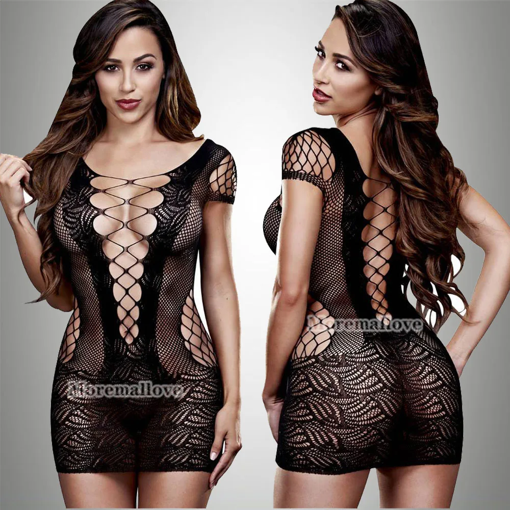 Sexi Women Fishnet Night Dress Hot Bodycon Clubwear Vestido Sexy Catsuit Erotic Transparent Midi Dresses mujer porno Plus Size