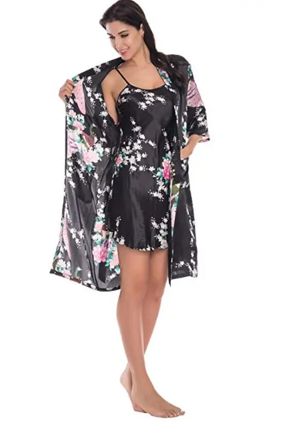 Fashion Women\'s Summer Mini Kimono Robe Lady Rayon Bath Gown Yukata Nightgown Sleepwear Sleepshirts Pijama Mujer Size M-XL