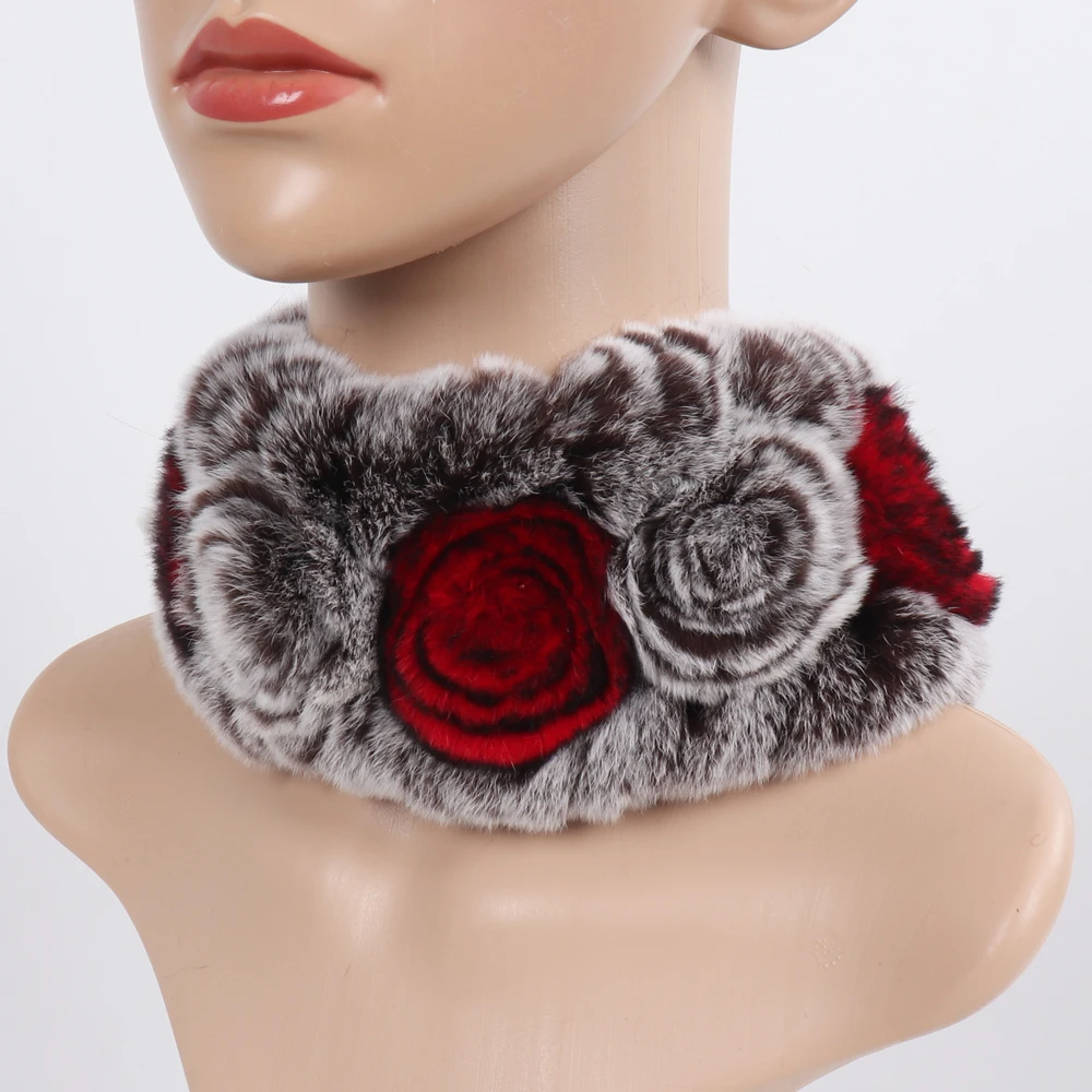 Damen Elastischer Blumen-Schal aus echtem Rex-Kaninchenfell, Natürlich Warmer Rex-Kaninchenfell-Stirnband, Damen Winter Echt-Rex-Kaninchenfell-Schals – Detail 14