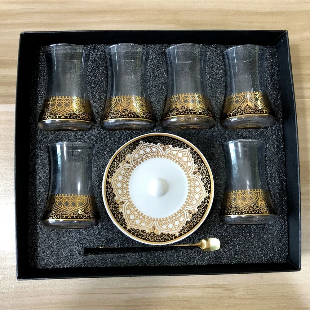 6 Sets Turkish Tea Glasses Cups Set Saucers with Spoon Coffee Cup Romantic Exotic Glass Tea Cup Kitchen Decoration Gift Box