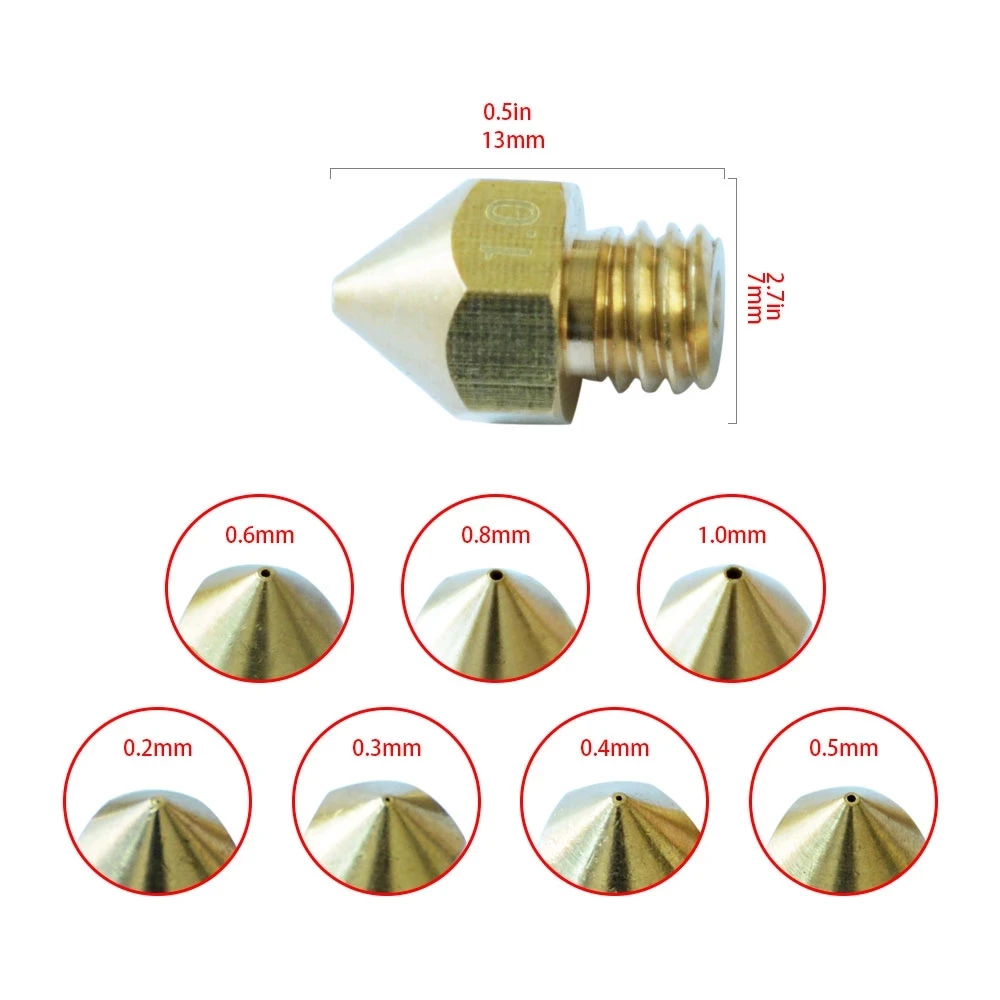 TRONXY 1PC MK8 M6 Nozzle 0.2 0.3 0.4 0.5 0.6 0.8 1.0mm J-head Extrusion Nozzle For 1.75mm Filament 3D Printer Copper Nozzle