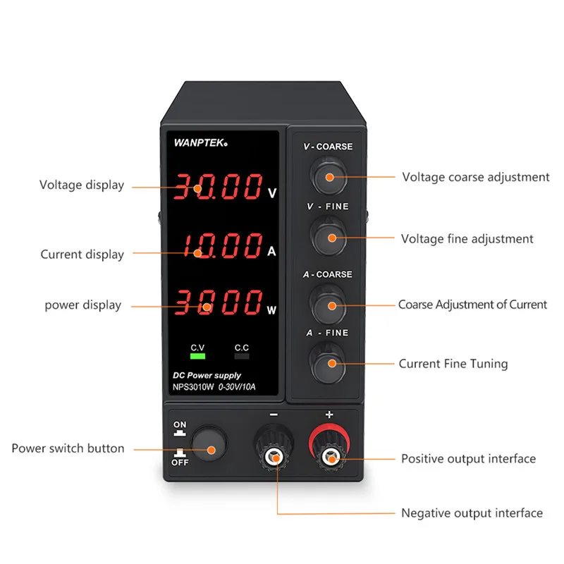 Wanptek – Alimentation réglable de laboratoire, avec régulateur de tension, stabilisateur CC de 30, 60 V, 5, 10A