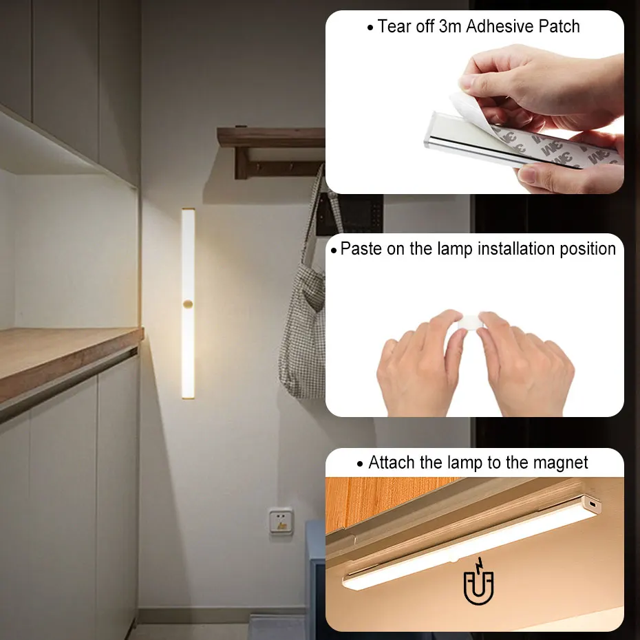 6/10/24/40/60 LED PIR Motion Sensor Lamp Wardrobe Closet Light USB Rechargeable Dimmable Night Lights For Kitchen Bedroom Stairs