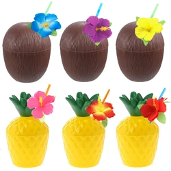 6set Tropical Pineapple Coconut Drinking Cup Juice Cups Straw Summer Luau Flamingo Birthday Beach Pool Party Hawaiian Decoration