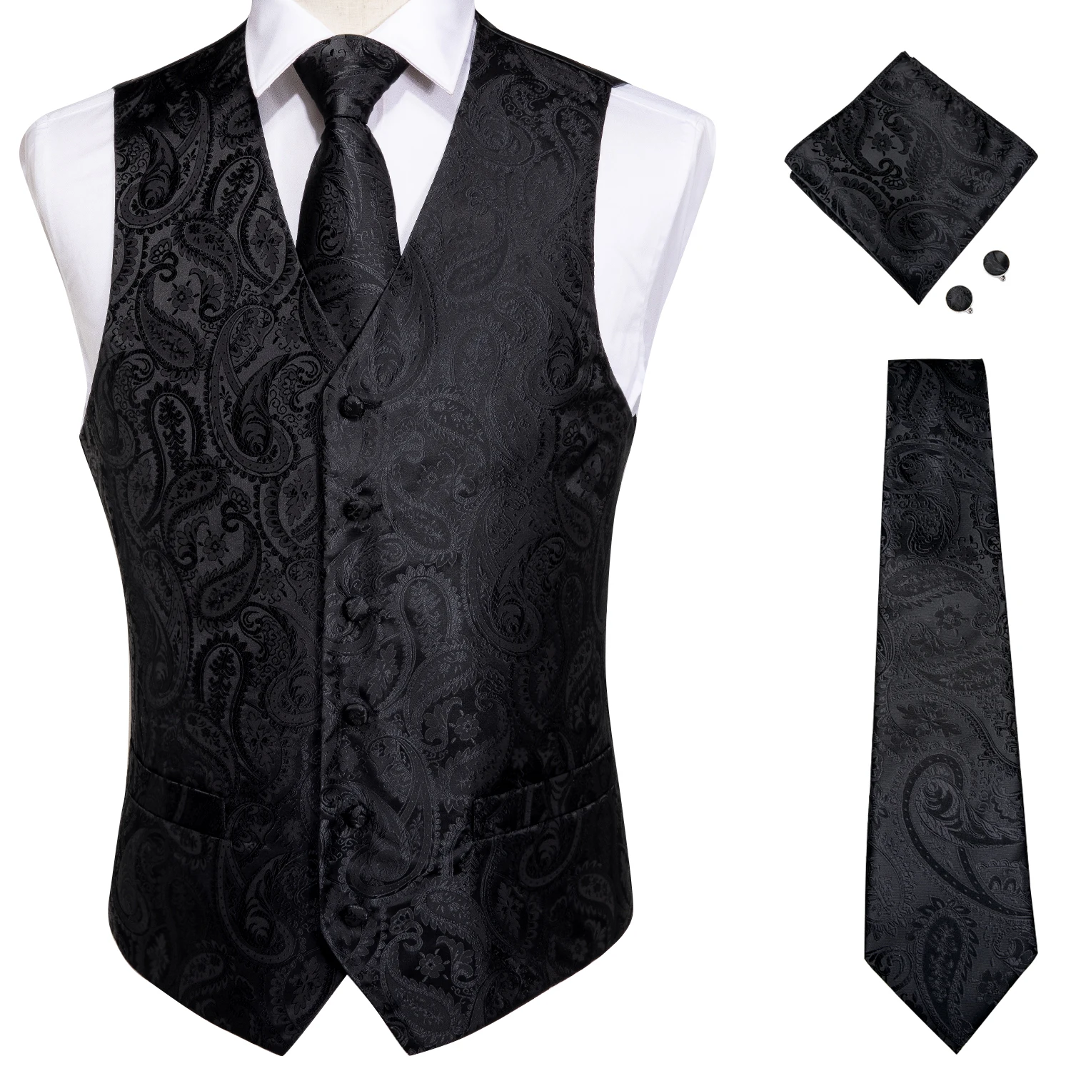 Classic Black Wedding Vest for Men Suit Vest Tie Ring Cufflinks Hanky Set for Party Formal Dress Business Casual Waistcoat