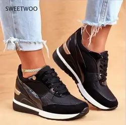 Women Breathable Mesh Sneakers Casual Outdoor Lace Up Mixed Colors Shoes Chunky Wedges