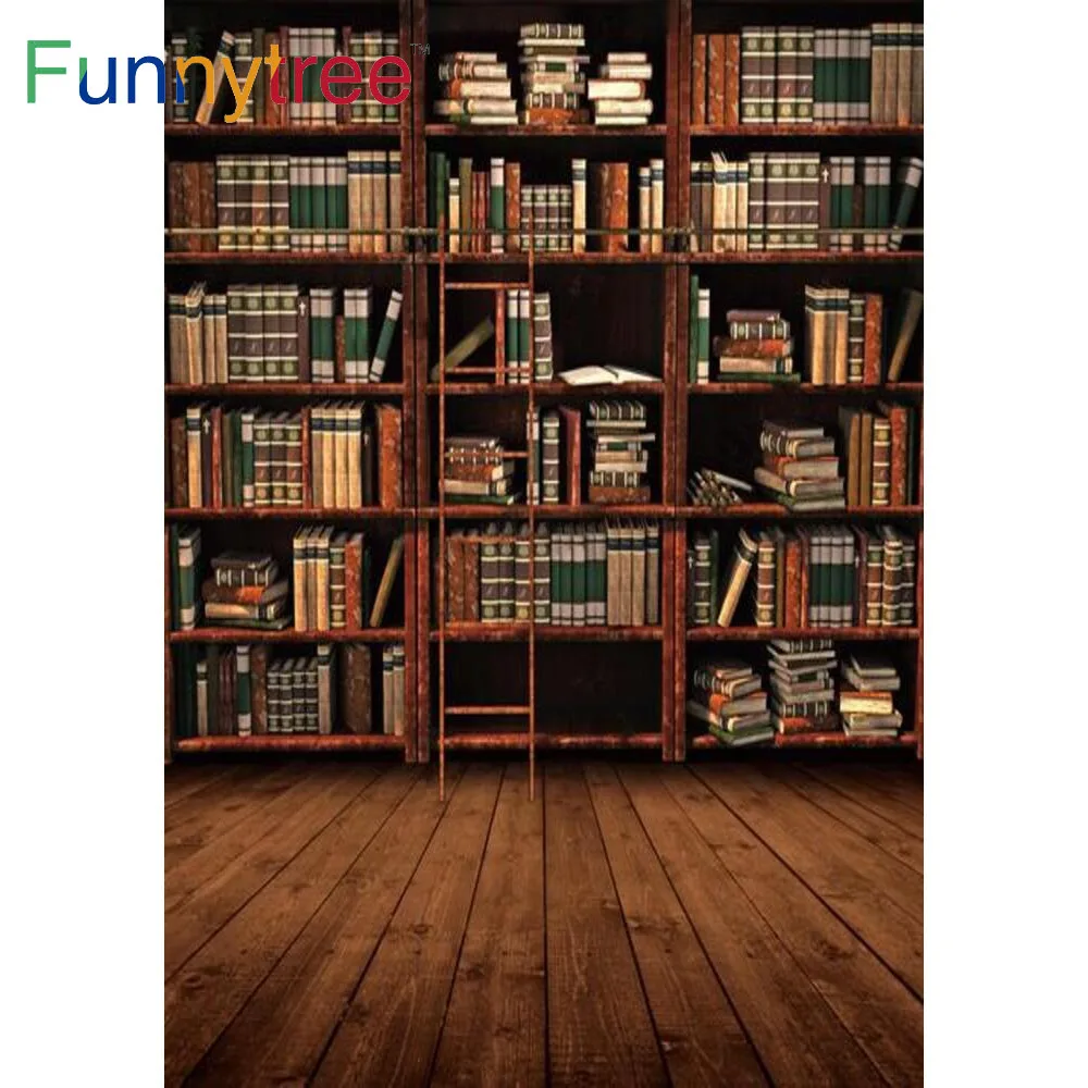Funnytree Bookshelf Library ฉากหลังการศึกษาชั้น Vintage บันไดโรงเรียนสำเร็จการศึกษาถ่ายภาพ Props Photocall พื้นหลัง