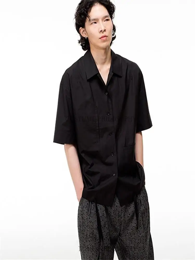 Men's Short Sleeve Shirt Summer New Black Fashion High Quality Large Lapel Pocket Design Young Fashion Trend Shirt