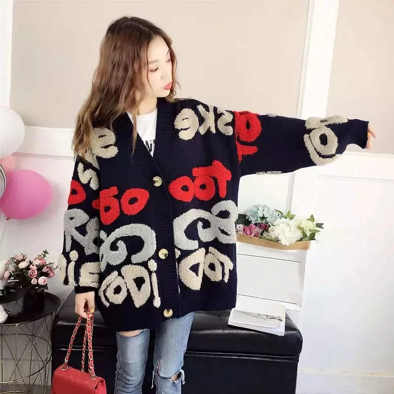 Letter Pattern Knitted Sweater Women Winter New Korean Oversized Long Sleeve Single Breasted Thick Fashion Loose Cardigan 2023