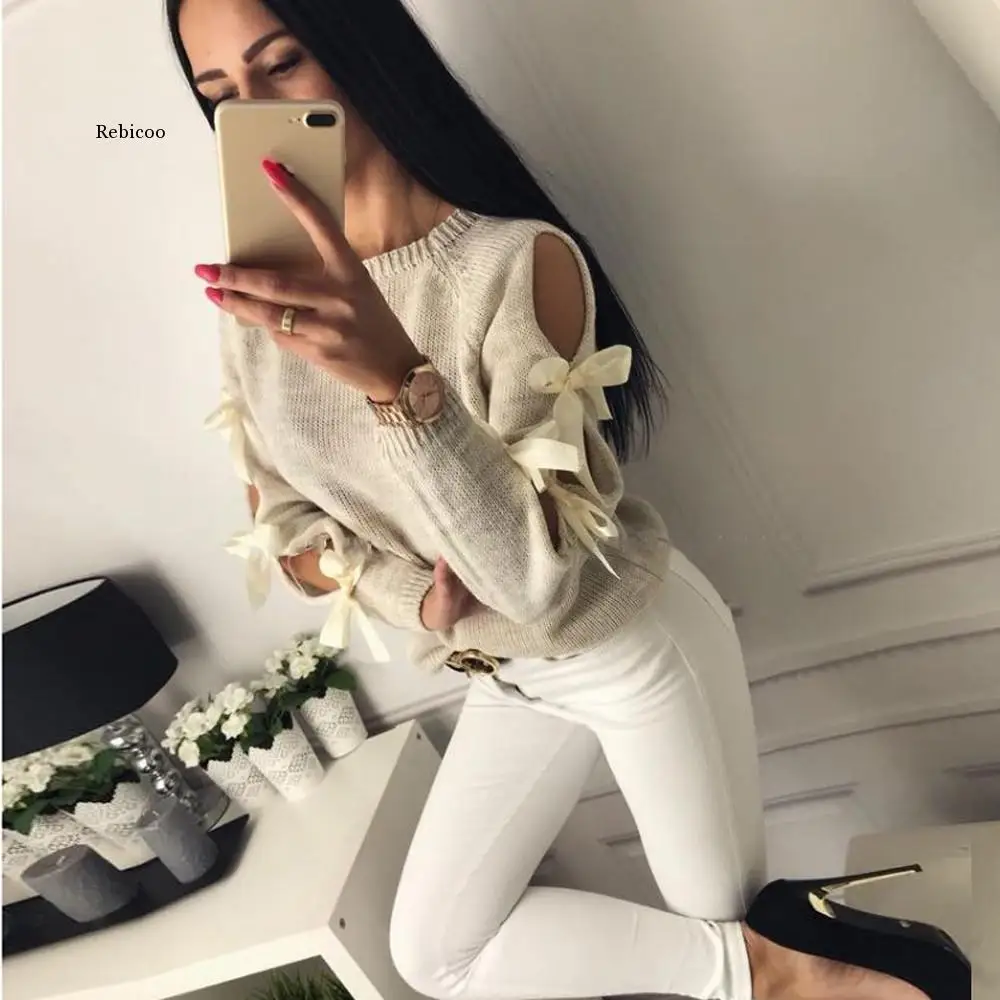 Sweater Women Casual Solid Bow Tie Pullover Loose Sweater Jumper Tops Knitwear Pull Pullover