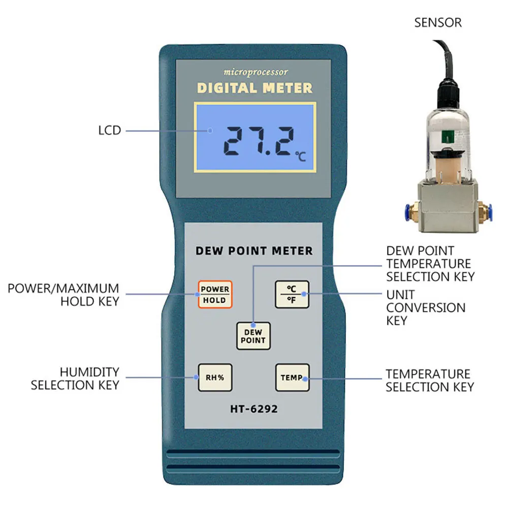 

Портативный Измеритель точки росы HT6292, термометр, инструмент для измерения влажности, температура:-10 ~ 65, влажность: 10 ~ 100%, относительная влажность, точка росы:-40 ~ 40