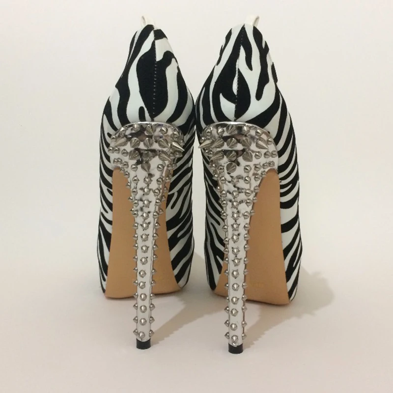 Womens Zebra Stripper Heels Shoes Woman Ultra High Heel Pumps Studded Sexy Platform Shoe Round Toe Ladies Spikes Heeled Footwear