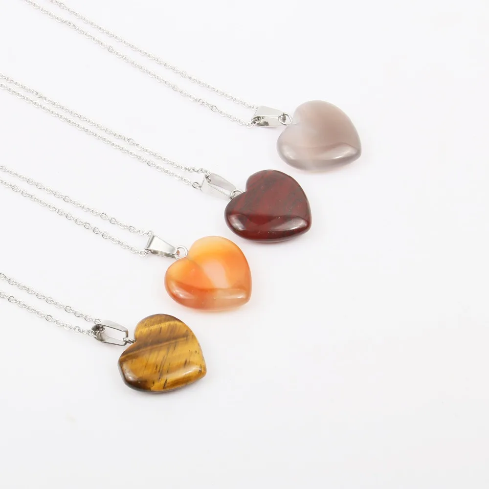 Natural Stone Pendant Heart Shape Natural Stone Tiger Eyes Necklace Quality Stainless Steel Necklace