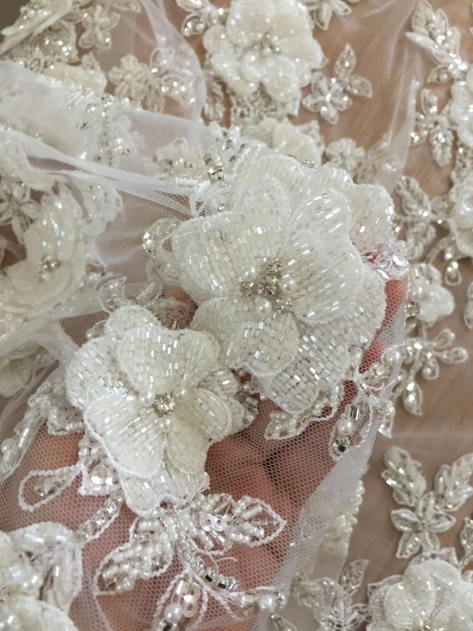 Haute Couture Rhinestone Beaded 3D Flower Lace Applique Bridal Hair Flower Wedding Headpiece Cape Veil Patch Motif