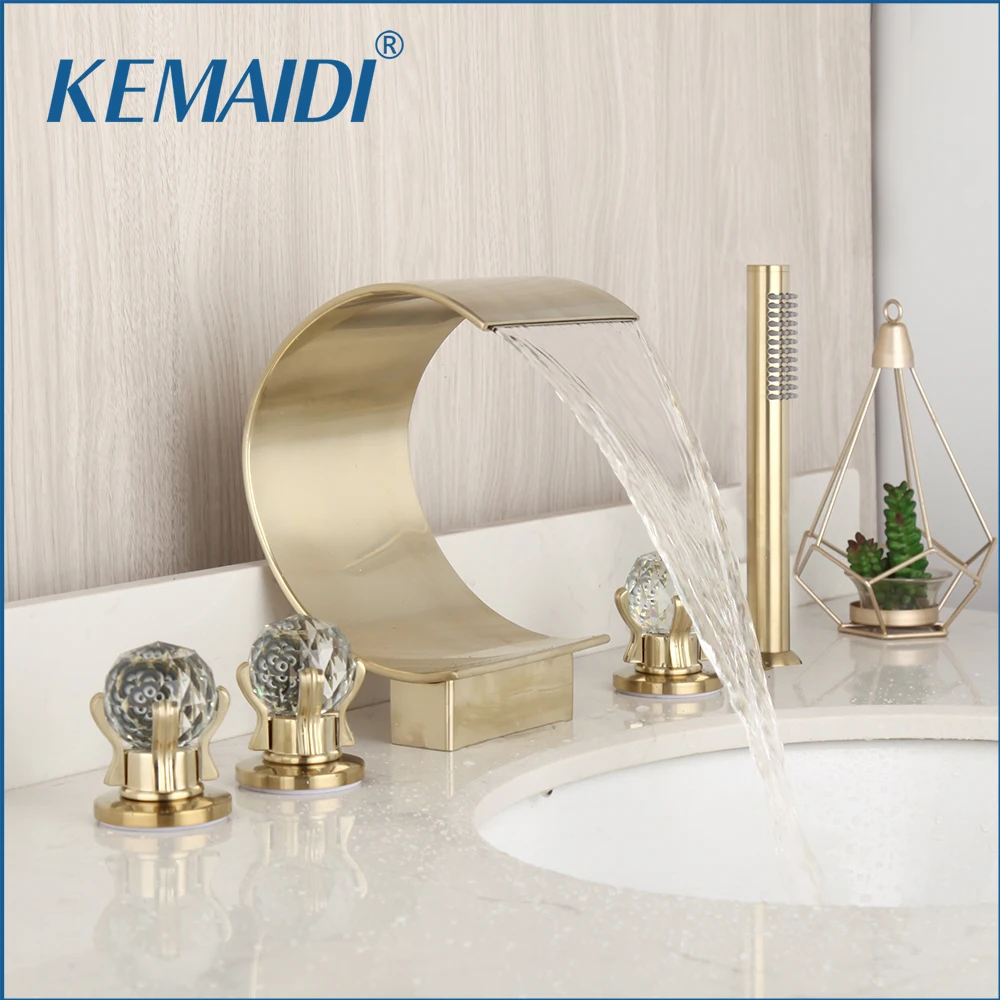 

KEMAIDI Brushed Gold Bathroom Faucet 5 Pcs Basin Sink Bathtub Shower Set w/ Waterfall Spout Tub Washbasin Mixer Water Tap Gold