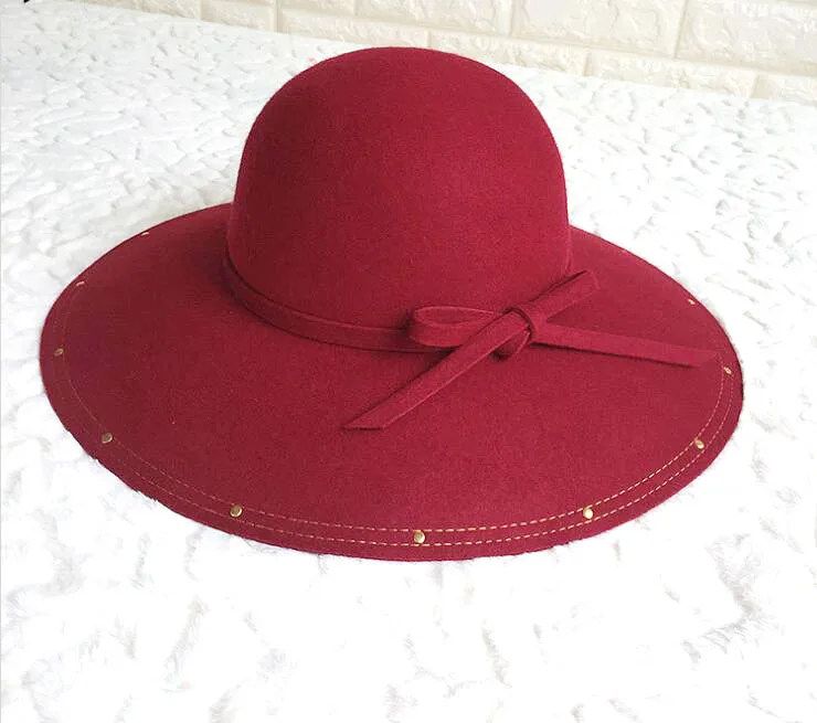 100% Wool High Quality Rivet Hat Big Brim Warm Comfortable Cool Beautiful Popular New Various colors Bowtie Hats For Women 2020